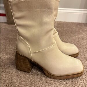 Buckle Cream Mid-Calf Block Heel Boots